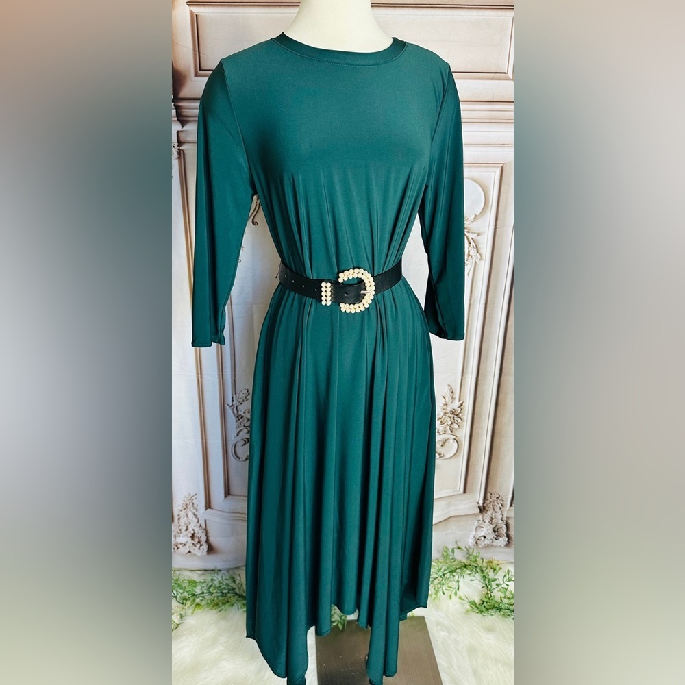 Teal Green Long Sleeve Maxi Dress with Sparkle Waist - Picture 2 of 6